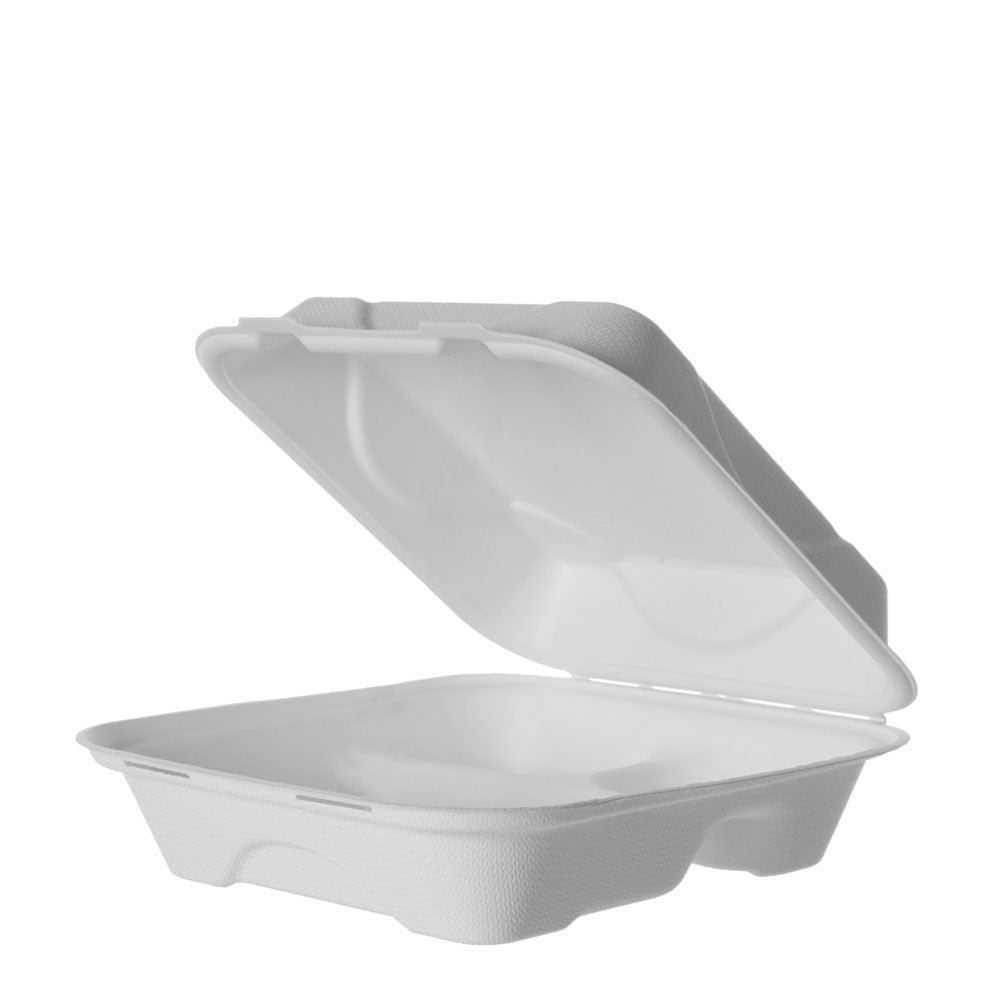 EcoProducts Compostable Sugarcane Clamshells (9 x 9 x 3in | Medium-Weight | 3-Compartment) | 200/cs