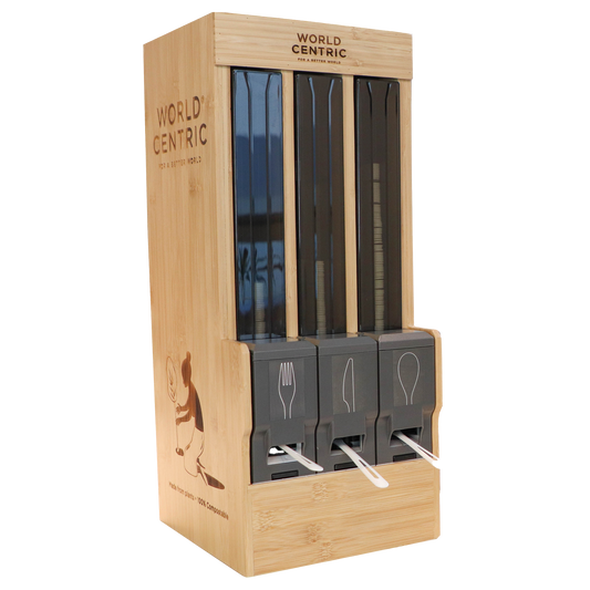 World Centric Bamboo Cutlery Dispenser Cabinet w/ fork, knife, spoon towers | 1/cs