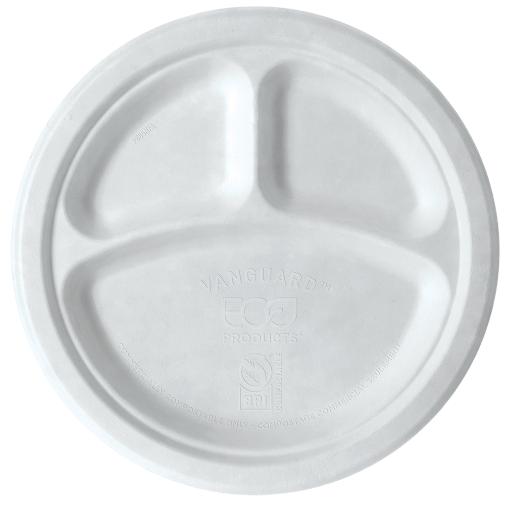 EcoProducts Vanguard™ Compostable Molded Fiber Plates (10in | 3-Compartment) | 500/cs