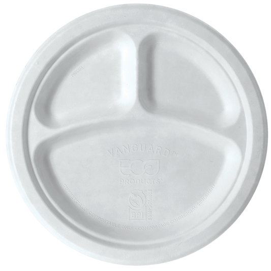 EcoProducts Vanguard™ Compostable Molded Fiber Plates (10in | 3-Compartment) | 500/cs