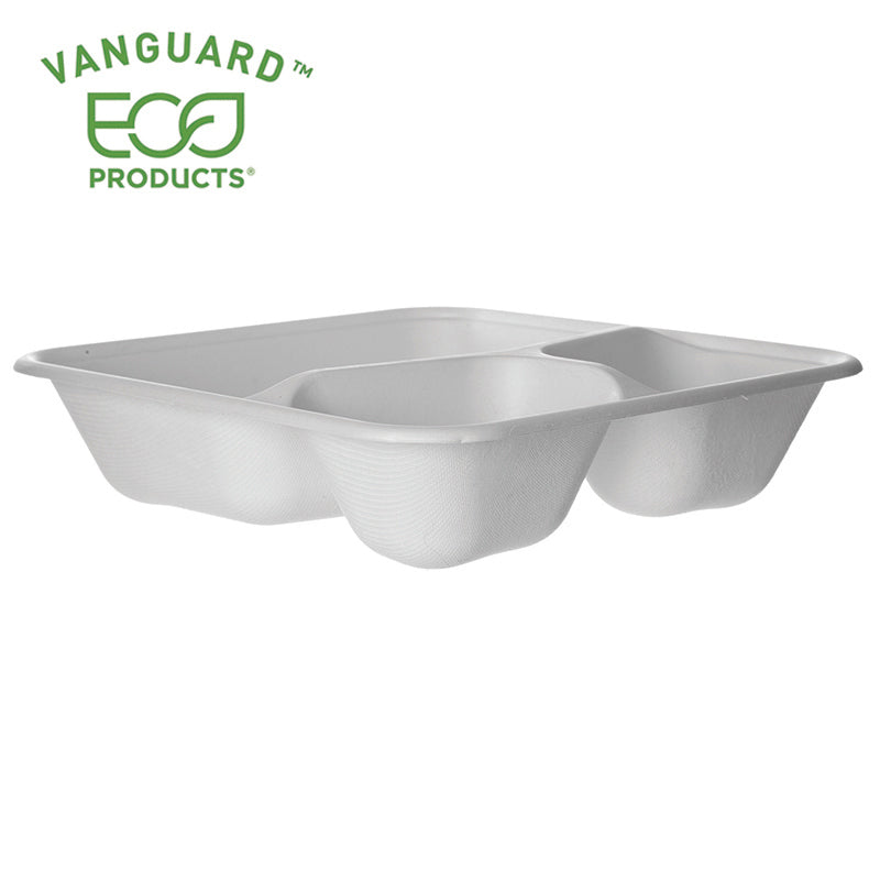 EcoProducts Vanguard™ WorldView™ Compostable Molded Fiber Take-Out Containers (9in | Square | 3-Compartment) | 309-Series | 200/cs