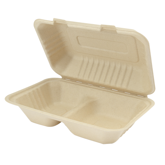 Karat Earth 9 x 6 Fiber Hinged Container | 2-Compartment | White | PFAS-Free