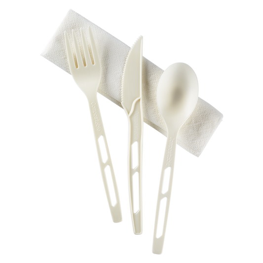 Karat Earth CPLA Compostable Cutlery Kits (Knife, Fork, Tea Spoon, 2-ply Napkin), Heavy-Weight, White (250 sets/case)