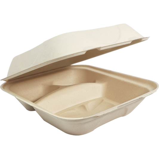World Centric 8x8x3" Fiber Clamshell, 3-Compt, Laminated | 300/cs