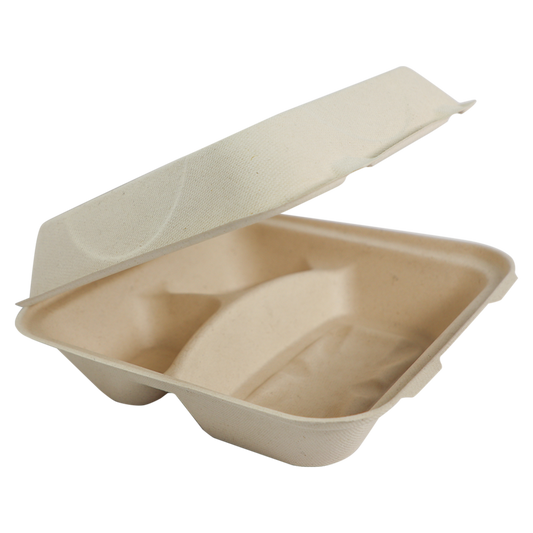 World Centric 9x9x3" Fiber Clamshell, 3-Compt, Laminated | 300/cs